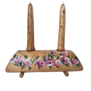 Vintage Wood Tapered Candle Holder Natural Hand Painted Carved Roses 90s Y2K